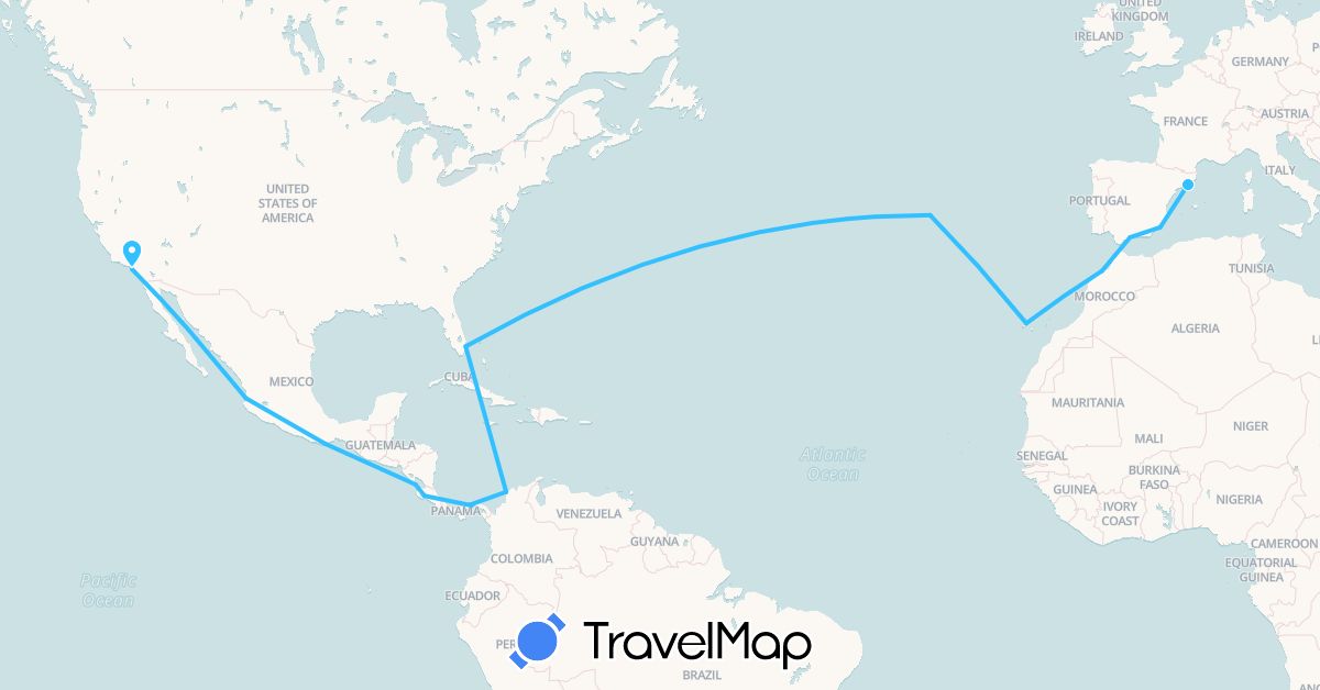 TravelMap itinerary: driving, boat in Colombia, Costa Rica, Spain, Morocco, Mexico, Nicaragua, Panama, Portugal, United States (Africa, Europe, North America, South America)